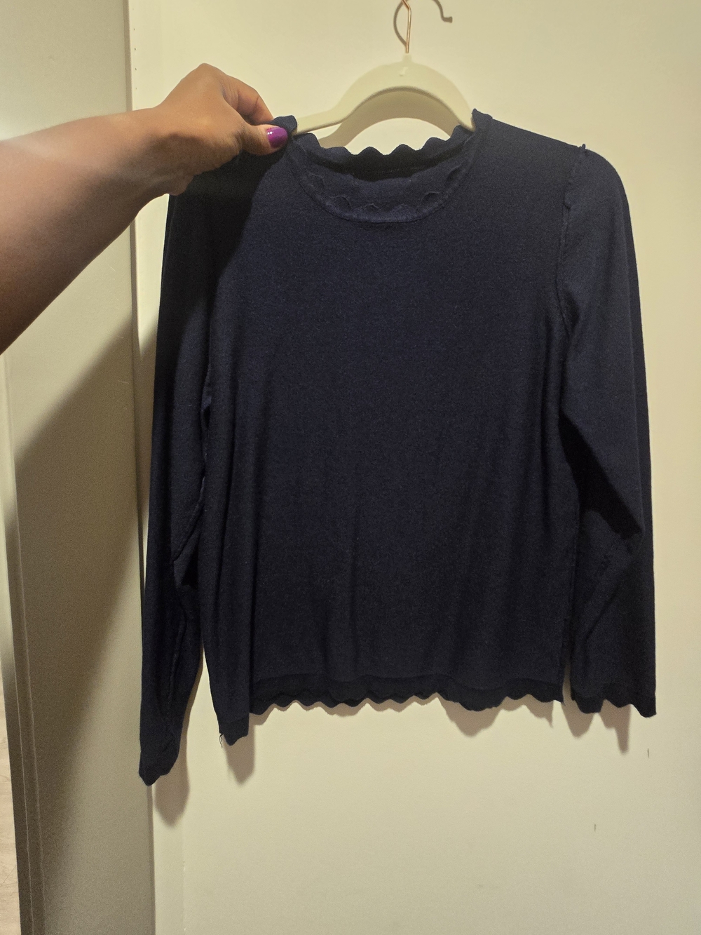 Grace Karin Navy Long Sleeve Scalloped Crew Neck Top